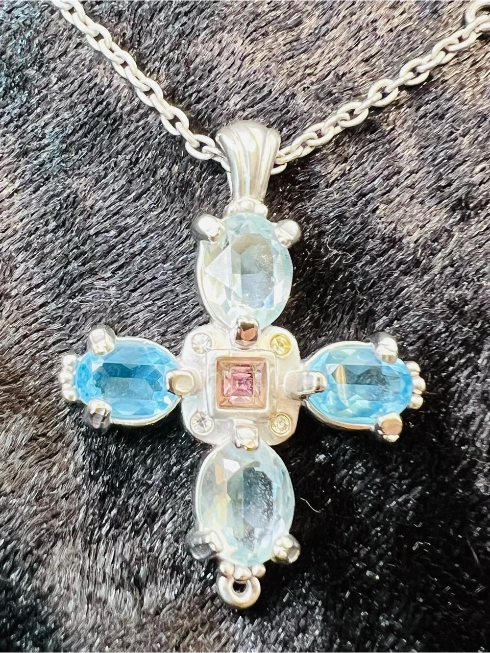 Swarovski Crystal Cross Necklace Sterling Silver Blue Crystal & Pink Accent Swan